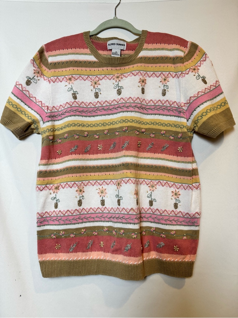 Alfred Dunner Short-Sleeve Floral Fair Isle Knit Sweater M